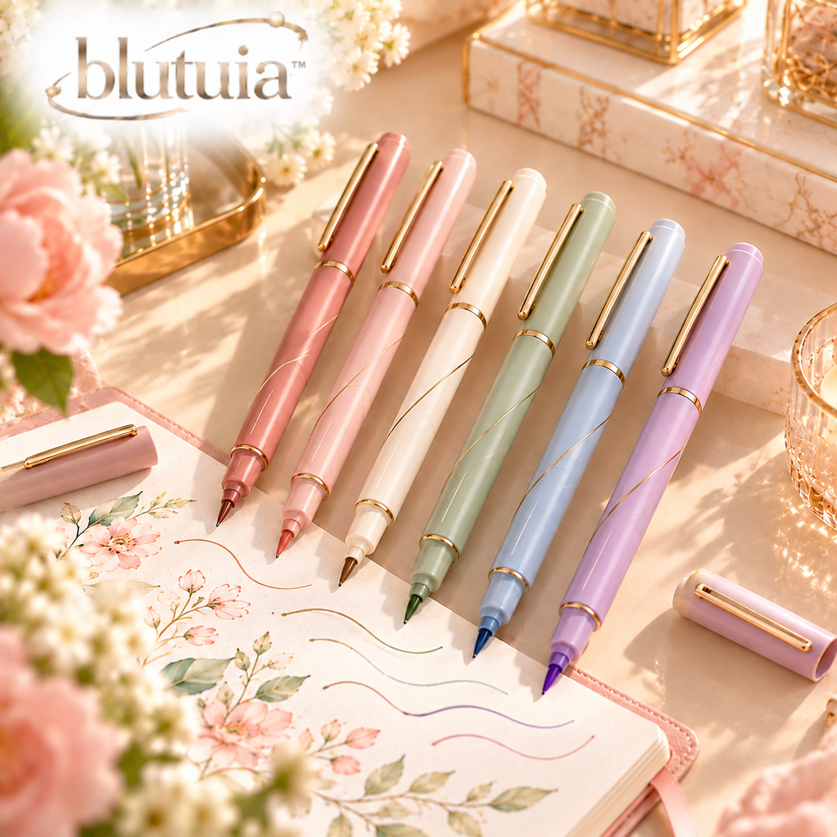 blutuia™ ArcLine Dual-Tip Pen Set | 6 Fine & Flexible Tip Writing Pens for Journaling, Notes & Planning