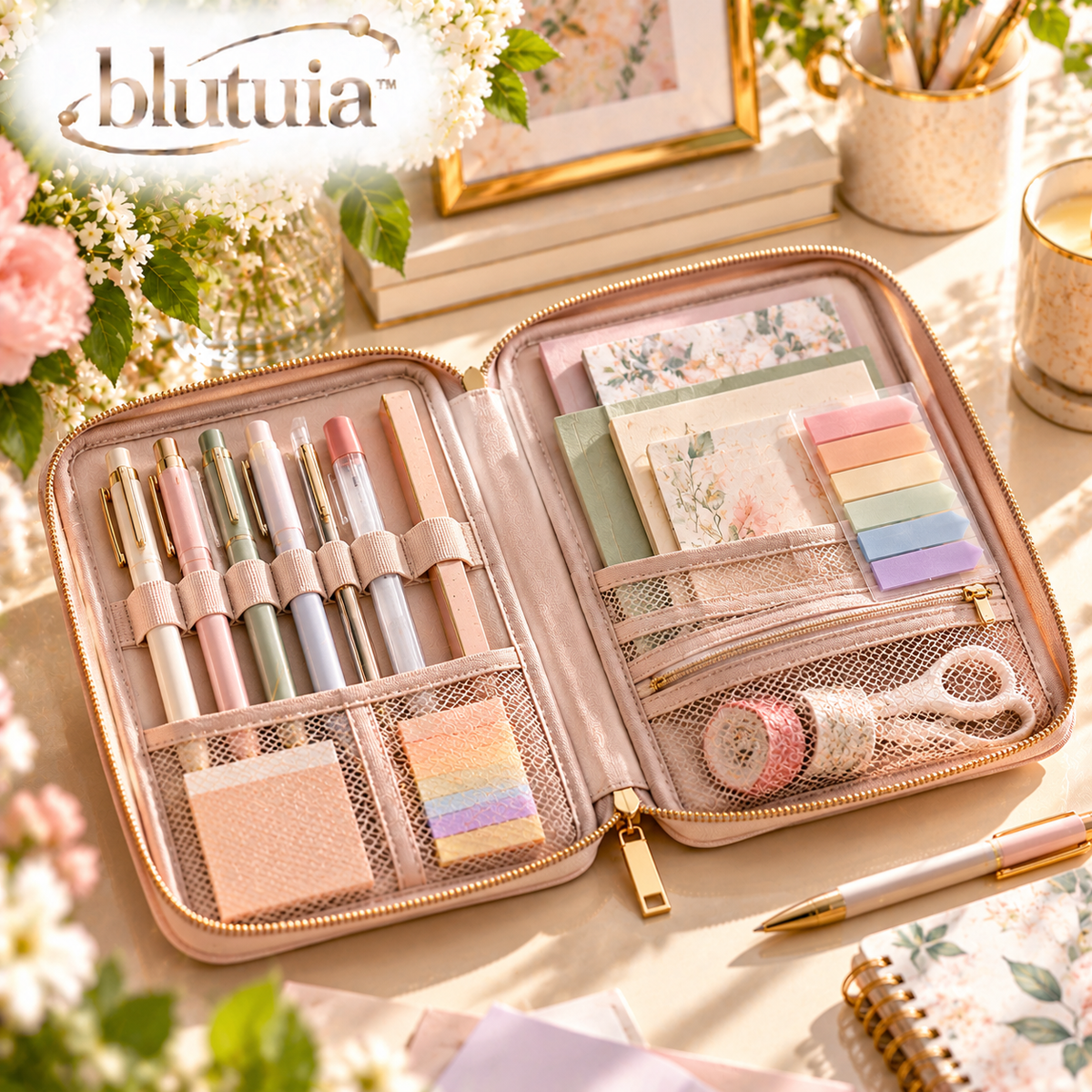 blutuia™ Forma Zip Stationery Folio | Structured Pencil Case & Writing Tool Organizer with Elastic Loops and Mesh Pocket