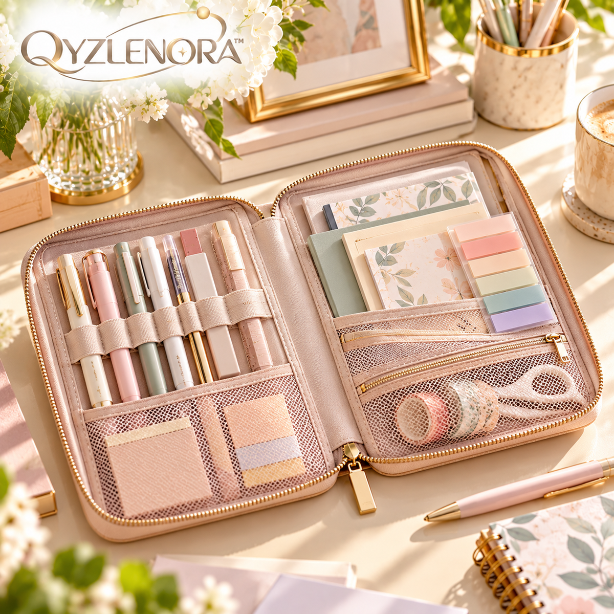 QYZLENORA™ Forma Zip Stationery Folio | Structured Pencil Case & Writing Tool Organizer with Elastic Loops and Mesh Pocket