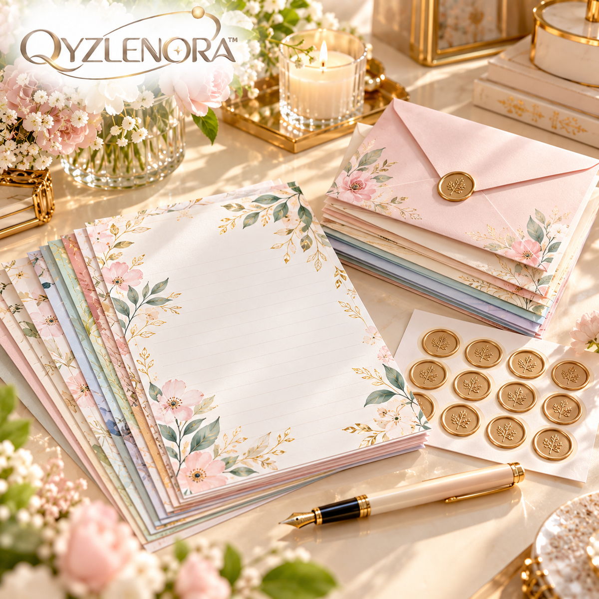QYZLENORA™ Meridian Letter Writing Set | 24 Premium Writing Sheets, 12 Matching Envelopes & 12 Seals