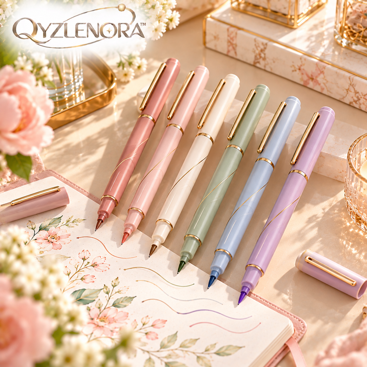 QYZLENORA™ ArcLine Dual-Tip Pen Set | 6 Fine & Flexible Tip Writing Pens for Journaling, Notes & Planning