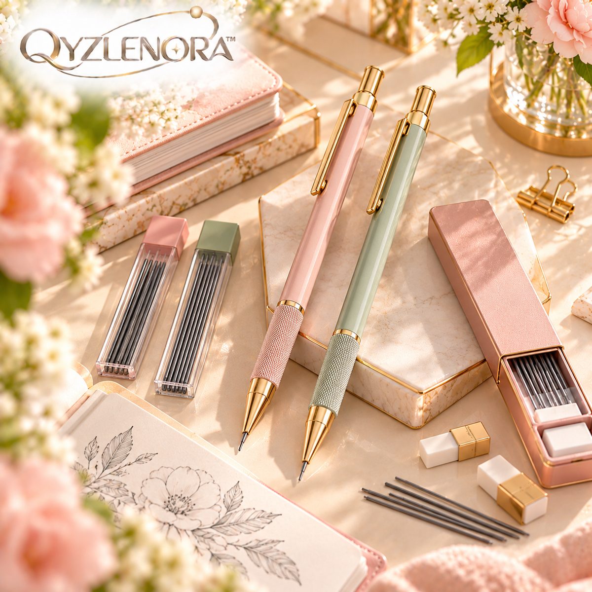 QYZLENORA™ Orbit Mechanical Pencil Studio Set | 0.5 mm & 0.7 mm Metal Drafting Pencils with HB Lead Refills