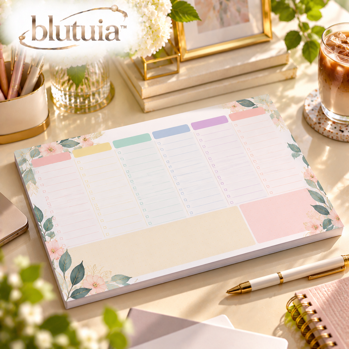 blutuia™ LumaDesk Weekly Desk Planner Pad | 52-Sheet Tear-Off Weekly Schedule, To-Do List & Notes Organizer